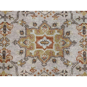 4'2"x12' Goose Gray, Pure Wool, Hand Knotted, Karajeh Design with Tribal Medallions, Wide Runner Oriental Rug FWR508146