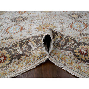 11'9"x11'9" Goose Gray, Hand Knotted, Karajeh Design with Tribal Medallions, Pure Wool, Square Oriental Rug FWR508158
