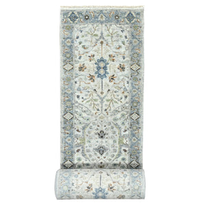 2'6"x25'8" Gainsboro Gray, Hand Knotted Oushak with Floral Motifs, Denser Weave, Pure Wool, XL Runner Oriental Rug FWR508164