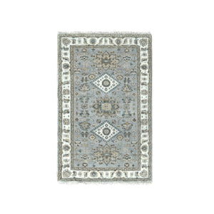 3'1"x5' Medium Gray, Hand Knotted, Karajeh and Geometric Design, Pure Wool, Oriental Rug FWR508278