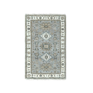 3'1"x5' Medium Gray, 100% Wool, Hand Knotted, Karajeh and Geometric Design, Oriental Rug FWR508284