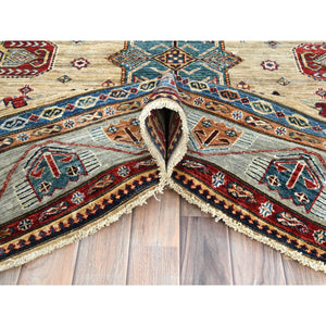 8'2"x10'5" Tortilla Brown, Afghan Super Kazak with Geometric Medallions Design, Natural Dyes, Dense Weave, Organic Wool, Hand Knotted Oriental Rug FWR510156