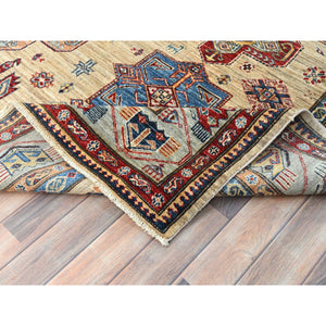 8'2"x10'5" Tortilla Brown, Afghan Super Kazak with Geometric Medallions Design, Natural Dyes, Dense Weave, Organic Wool, Hand Knotted Oriental Rug FWR510156
