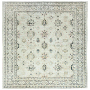 9'5"x9'8" Cloud Gray, Afghan Super Kazak with Geometric Medallions Design, Natural Dyes, Dense Weave, Pure Wool, Hand Knotted, square, Oriental Rug,Sh85028
 FWR510168