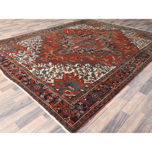 8'1"x10'9" Tomato Red, Worn Wool, Hand Knotted, Vintage Persian Heriz, Sides and Ends Professionally Secured, cleaned, Oriental Rug FWR510312