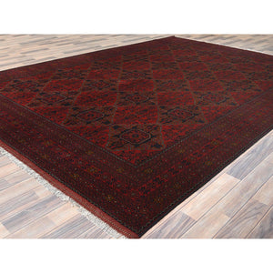 8'3"x11'3" Ruby Red, Afghan Andkhoy with Geometric Motif, Extra Soft Wool, Hand Knotted Oriental Rug FWR510456