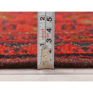 3'4"x5' Candy Red, Afghan Andkhoy with Village Design, 100% Wool, Hand Knotted Oriental Rug FWR510510