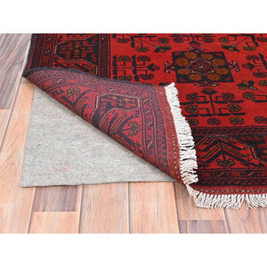 3'4"x5' Rose Red, Afghan Andkhoy with Geometric Pattern, Pure Wool, Hand Knotted Oriental Rug FWR510516