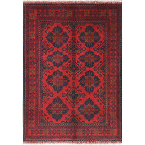 3'4"x4'8" Lipstick Red, Afghan Andkhoy with Rosette Design, Soft Wool, Hand Knotted Oriental Rug FWR510594