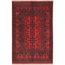 Load image into Gallery viewer, 3&#39;4&quot;x4&#39;10&quot; Ruby Red, Afghan Andkhoy with Village Design, Natural Wool, Hand Knotted Oriental Rug FWR510606