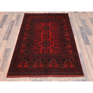 3'4"x4'10" Ruby Red, Afghan Andkhoy with Village Design, Natural Wool, Hand Knotted Oriental Rug FWR510606