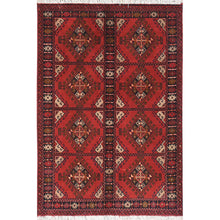 Load image into Gallery viewer, 3&#39;5&quot;x5&#39; Scarlet Red, Afghan Andkhoy with Geometric Pattern, Organic Wool, Hand Knotted Oriental Rug FWR510612