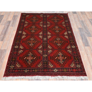 3'5"x5' Scarlet Red, Afghan Andkhoy with Geometric Pattern, Organic Wool, Hand Knotted Oriental Rug FWR510612