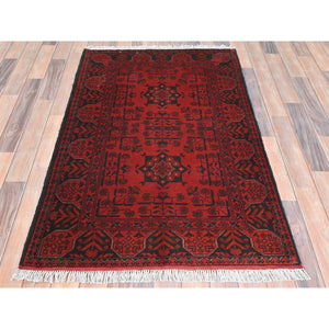 3'2"x4'10" Lipstick Red, Afghan Andkhoy with Village Design, Extra Soft Wool, Hand Knotted Oriental Rug FWR510636