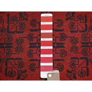 3'2"x4'10" Lipstick Red, Afghan Andkhoy with Village Design, Extra Soft Wool, Hand Knotted Oriental Rug FWR510636