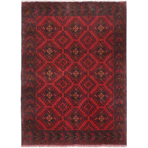 4'1"x6'3" Candy Red, Afghan Andkhoy with Geometric Motif, Natural Wool, Hand Knotted Oriental Rug FWR510642