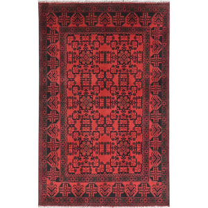 4'2"x6'5" Rose Red, Afghan Andkhoy with Village Design, Organic Wool, Hand Knotted Oriental Rug FWR510648