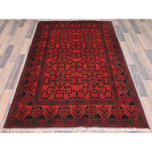 4'2"x6'5" Rose Red, Afghan Andkhoy with Village Design, Organic Wool, Hand Knotted Oriental Rug FWR510648