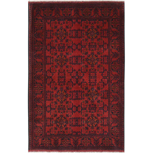 4'2"x6'5" Cherry Red, Afghan Andkhoy with Geometric Pattern, Matt Wool, Hand Knotted Oriental Rug FWR510654