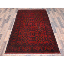 Load image into Gallery viewer, 4&#39;2&quot;x6&#39;5&quot; Cherry Red, Afghan Andkhoy with Geometric Pattern, Matt Wool, Hand Knotted Oriental Rug FWR510654