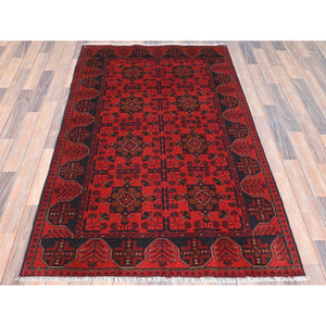 4'1"x6'3" Candy Red, Afghan Andkhoy with Elephant Feet Design, Pure Wool, Hand Knotted Oriental Rug FWR510660