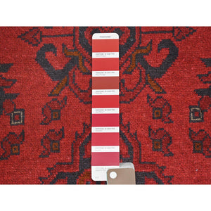 2'8"x6'5" Imperial Red, Afghan Andkhoy with Geometric Patterns, Soft Wool, Hand Knotted, Runner Oriental Rug FWR510702