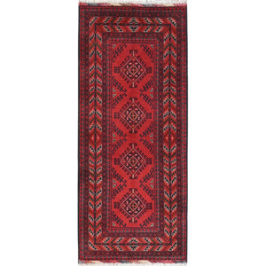 2'9"x6'4" Imperial Red, Afghan Andkhoy with Geometric Patterns, Natural Wool, Hand Knotted, Runner Oriental Rug FWR510714
