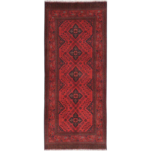2'8"x6'5" Imperial Red, Afghan Andkhoy with Geometric Patterns, Organic Wool, Hand Knotted, Runner Oriental Rug FWR510720