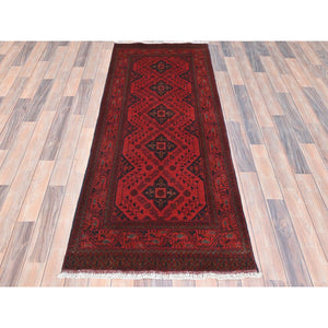 2'8"x6'5" Imperial Red, Afghan Andkhoy with Geometric Patterns, Organic Wool, Hand Knotted, Runner Oriental Rug FWR510720