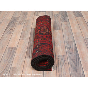 2'7"x6'3" Imperial Red, Afghan Andkhoy with Geometric Pattern, Natural Wool, Hand Knotted, Runner Oriental Rug FWR510750