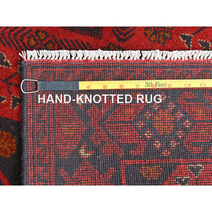 2'7"x6'3" Imperial Red, Afghan Andkhoy with Geometric Pattern, Natural Wool, Hand Knotted, Runner Oriental Rug FWR510750