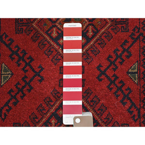 2'9"x9'8" Imperial Red, Afghan Andkhoy with Geometric Patterns, 100% Wool, Hand Knotted, Runner Oriental Rug FWR510762