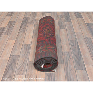 2'9"x9'8" Imperial Red, Afghan Andkhoy with Geometric Patterns, 100% Wool, Hand Knotted, Runner Oriental Rug FWR510762