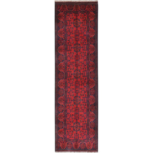 2'8"x9'7" Imperial Red, Afghan Andkhoy with Geometric Patterns, Pure Wool, Hand Knotted, Runner Oriental Rug FWR510768