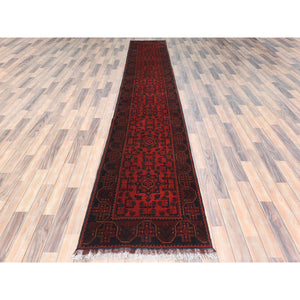 2'7"x15'6" Imperial Red, Afghan Andkhoy with Geometric Patterns, Pure Wool, Hand Knotted, XL Runner Oriental Rug FWR510804