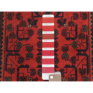 2'7"x15'6" Imperial Red, Afghan Andkhoy with Geometric Patterns, Pure Wool, Hand Knotted, XL Runner Oriental Rug FWR510804