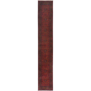 2'7"x15'9" Ruby Red, Afghan Andkhoy with Geometric Pattern, Organic Wool Hand Knotted, Runner Oriental Rug FWR510828