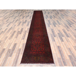 2'7"x15'9" Ruby Red, Afghan Andkhoy with Geometric Pattern, Organic Wool Hand Knotted, Runner Oriental Rug FWR510828