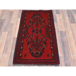1'9"x3'3" Lipstick Red, Afghan Andkhoy with Geometric Pattern, Pure Wool Hand Knotted, Mat Oriental Rug FWR510876