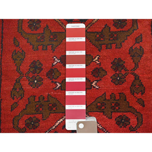 1'8"x3'3" Barn Red, Afghan Andkhoy with Geometric Pattern, Soft Wool Hand Knotted, Oriental Rug FWR510882