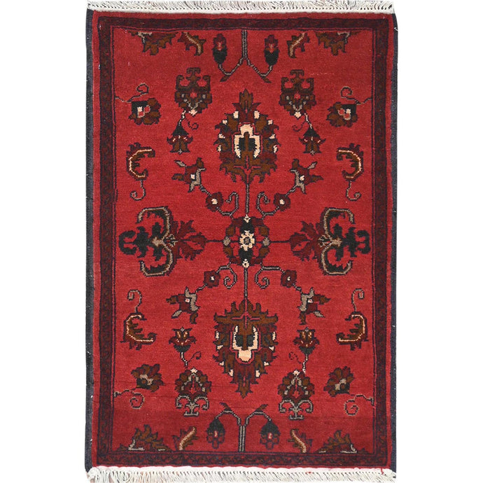 2'x3' Rose Red, Afghan Andkhoy with Geometric Pattern, Organic Wool Hand Knotted, Oriental Rug FWR510900