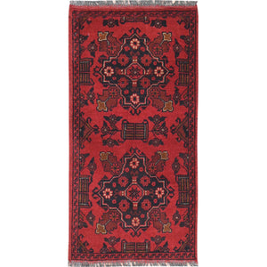 1'8"x3'5" Crimson Red, Afghan Andkhoy with Geometric Pattern, Soft Wool Hand Knotted, Oriental Rug FWR510918