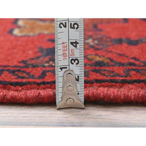 1'8"x3'5" Crimson Red, Afghan Andkhoy with Geometric Pattern, Soft Wool Hand Knotted, Oriental Rug FWR510918