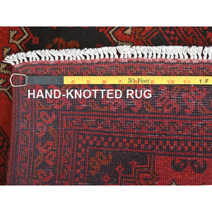 1'10"x5' Barn Red Afghan Andkhoy with Geometric Pattern, 100% Wool Hand Knotted, Oriental Rug FWR510942