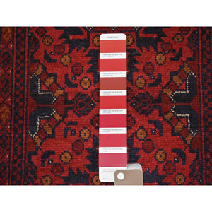 1'8"x4'10" Imperial Red, Afghan Andkhoy with Geometric Pattern, Soft Wool Hand Knotted, Oriental Rug FWR510954