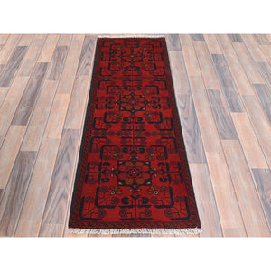1'8"x4'9" Rose Red, Afghan Andkhoy with Geometric Pattern, Extra Soft Wool Hand Knotted, Oriental Rug FWR510960