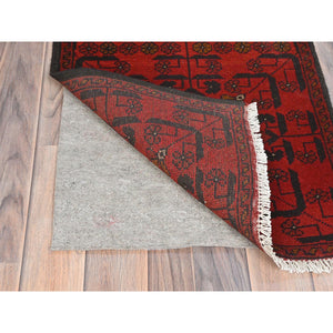 1'8"x4'9" Rose Red, Afghan Andkhoy with Geometric Pattern, Extra Soft Wool Hand Knotted, Oriental Rug FWR510960