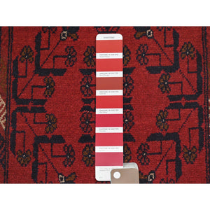 1'8"x5' Cherry Red, Afghan Andkhoy with Geometric Pattern, Pure Wool Hand Knotted, Oriental Rug FWR510984