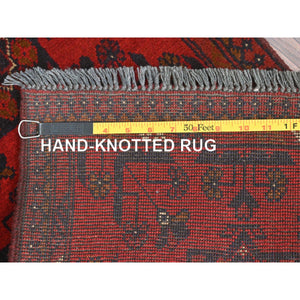 1'8"x5' Cherry Red, Afghan Andkhoy with Geometric Pattern, Pure Wool Hand Knotted, Oriental Rug FWR510984
