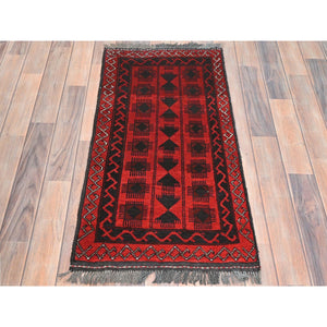 1'9"x3'4" Imperial Red, Afghan Andkhoy with Geometric Pattern, 100% Wool Hand Knotted, Oriental Rug FWR511014